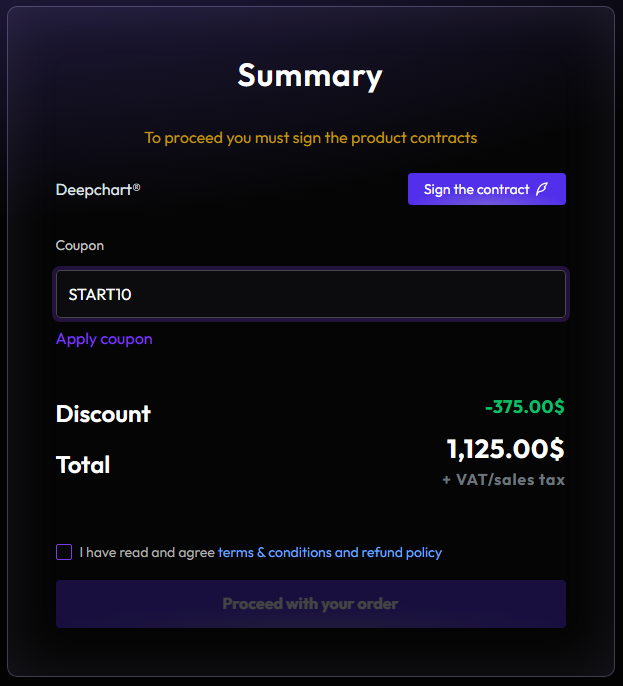 DeepCharts checkout Summary step with the code START10 typed in the Coupon field