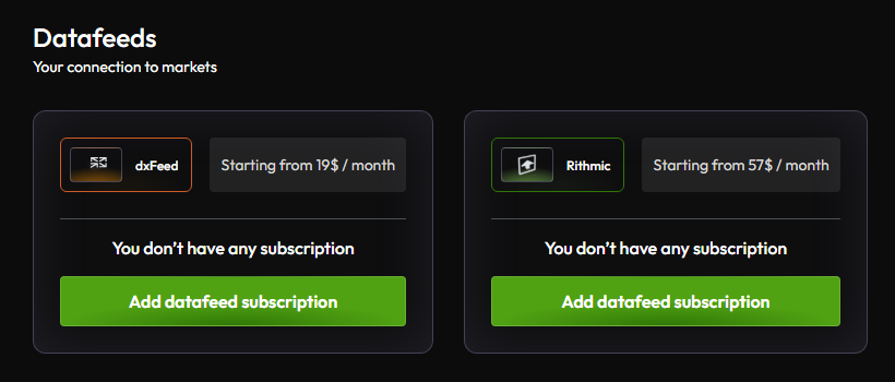 DeepCharts account page showing the dxFeed datafeed from 19 dollars per month and Rithmic from 57 dollars per month